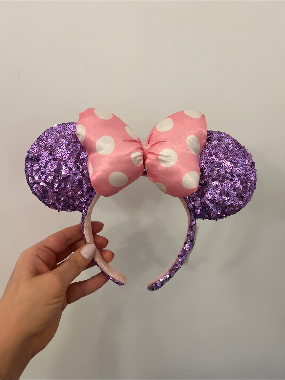Disney Purple Sequin & Puffy Pink Satin Polka Dot Minnie Mouse Ear Headband